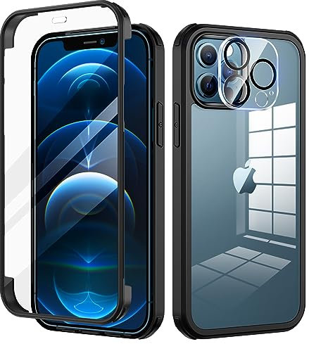 seacosmo for iPhone 12 Pro Max Case 6.7 Inch, Full-Body Shockproof Case with Built-in Glass Screen Protector and Camera Lens Protector Rubber Bumper Case Cover for iPhone 12 Pro Max- Black/Clear