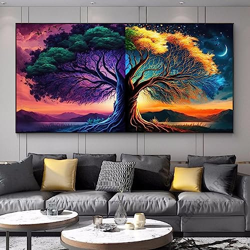 JACBON Abstrait Fantastique Vie Arbre Canva Peinture Moderne Coloré Arbre Paysage Affiches Imprime pour Salon Décoration de La Maison 50x100cm Sans Cadre