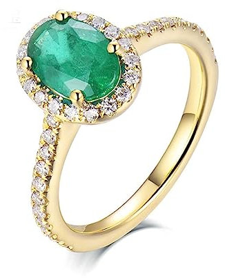 Diamond Ring Women, Engagement Ring 18 Karat Gelbgold Smaragd Ovale Form Halo Ring mit 4 Zinken und 0,8 ct Smaragd Komfort Fit Größe 52 (16.6)