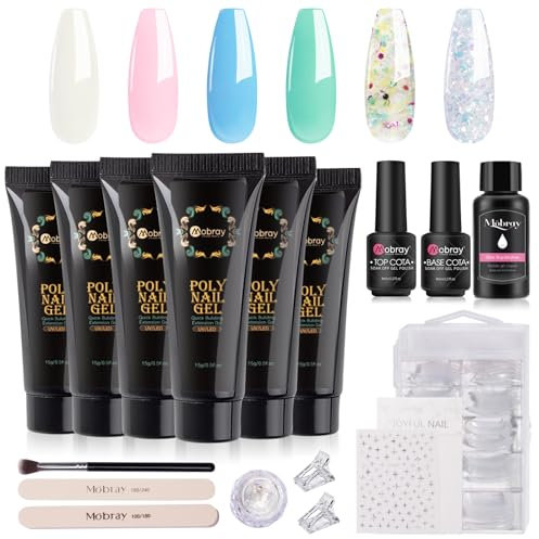 Mobray Poly Nail Gel Starter Set, 6 Farben Rosa Weiß Blau Grün Glitzer Poly Acrylgel Nägel Gel Kit Building Extension Nail Gel Nail Art Komplett Geschenk für Frauen