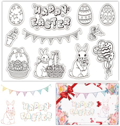 CRASPIRE Huevo de Pascua Sellos de Goma Transparentes Palabras de Feliz Pascua Conejo Cesta de Flores Serpentinas Maceta de Setas Matasellos Transparente Sellos de Silicona Sello DIY Scrapbooking