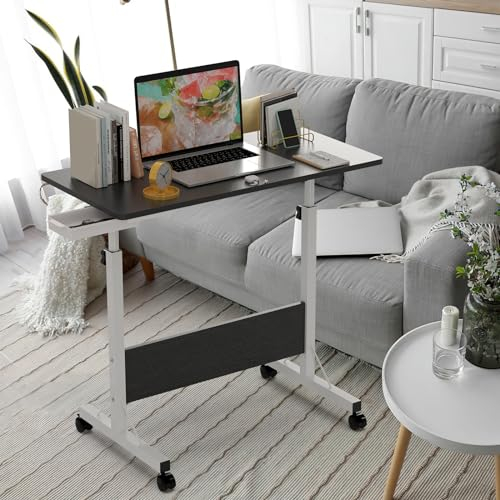 PIPIPOXER Klapptisch Laptoptisch höhenverstellbarer Schreibtisch Faltbar Computertisch mit drehbarer Rollen,Faltbar Funktion,Kartenschlitz und Schubladen für Schlafzimmer,Büro,Bett,Sofa Schwarz