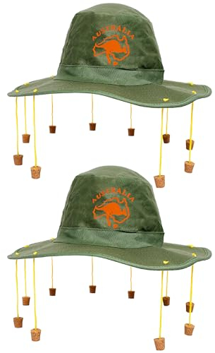 Australischer Korkhut - 2 Stück - Grüner Hut mit orangefarbenem Känguru-Print und befestigten Korken an Schnüren - Australia Day Kostüm Zubehör