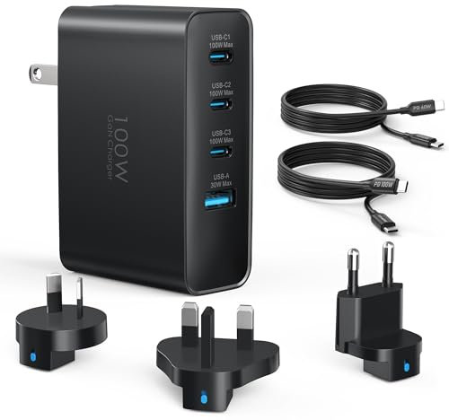 100W USB C Travel Charger, 4-Ports Foldable Travel Adapter Plug Converter with UK/EU/AU Plugs,Fast Charging for Macbook Pro/Air,for iPad Pro/iPhone 16/15 Pro Max, for Galaxy S24 S23, Black