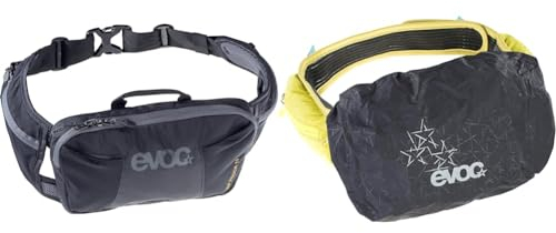 EVOC HIP Pouch, Hüfttasche (AIR PAD System, Zwei Hüftgurttaschen, Zwei Fächer für Proviant, Volumen: 1l, Gewicht: 220 g, Maße: 26 x 16 x 3 cm), Schwarz & ack Regenhülle schwarz M