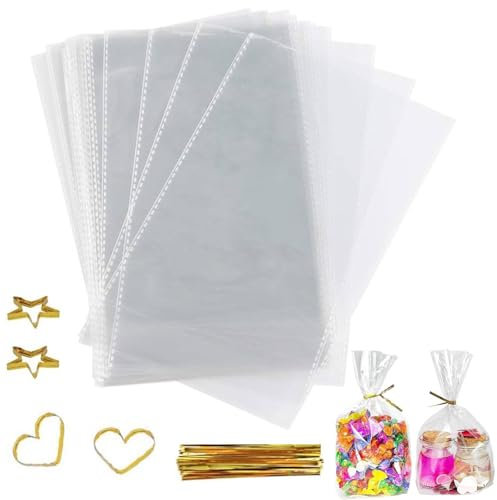 OMBRISA Cellophantüten Klar 25x15cm 100pcs, Süßigkeiten Tütchen Transparent mit 100 Metallischen Bindebaender, Zellophantüten zum befüllen Gebäck Backwaren Kekse Süßigkeiten Desserts Gastgeschenke