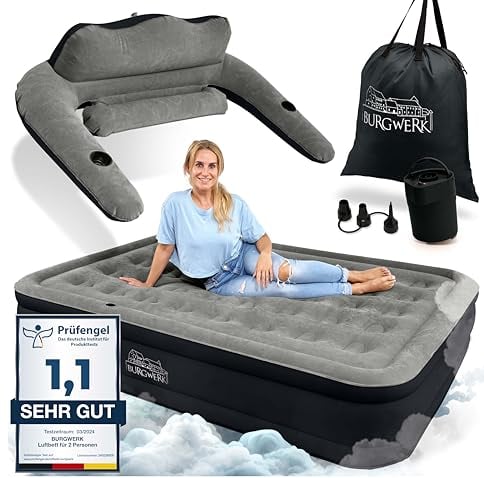 Burgwerk Luftbett für 2 Personen [3-in-1 System] | Edles Gästebett & Campingbett | Aufblasbare Matratze mit Elektropumpe 150x200 | Selbstaufblasende Luftmatratze