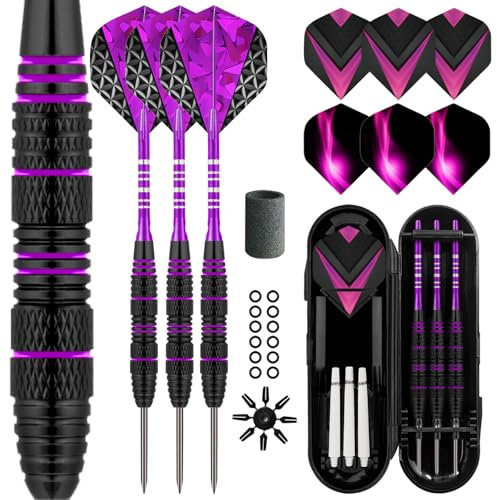 Lavishio Professionelles Dart-Set mit Stahlspitze, 3 Aluminium-Schäfte, Stahlspitze, professionelles Dart-Set mit Stahlspitze, 3 zusätzliche Dart-Flights, 3 Ersatz-Kunststoff-Schäfte (schwarz/lila)