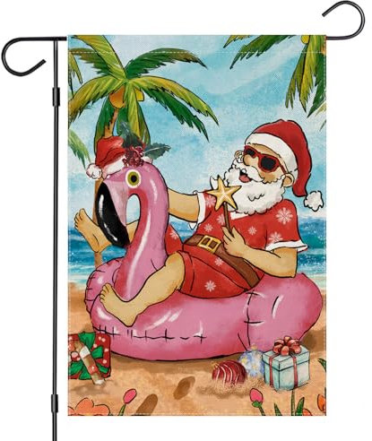 EKOREST Drapeaux de jardin de Noël en juillet 30,5 x 45,7 cm double face, Père Noël sur la plage, petite décoration saisonnière pour les vacances, l'été, l'hiver, la cour extérieure