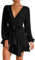 TANMESSO Women's Deep V Neck Mini Skater Dress - Long Sleeve Waist Tie Ruffle Swing Dress (Black Long Sleeves,XL,XL,Regular,Regular)