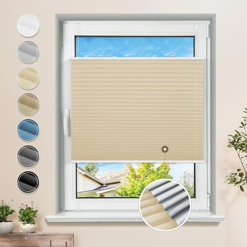 Plissee ohne Bohren Verdunkelung Klemmfix Hellbeige 100x130cm Thermo Plissees 100% Verdunklung Rollos für Fenster & Tür Verdunklungsplissee ohne Bohren Sichtschutz und Sonnenschutz