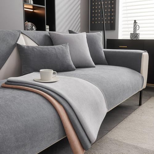 CJJZFO Sofa Überzug Weiche Chenille Sofabezug: Hund Katze Sofaschoner Anti Rutsch Vintage Couch Überzug für U Form L Form Sektionssofa für 1 2 3 4 Sitzer Sofa (Grau, 90 * 210cm)