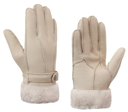 MGGMOKAY Damen Shearling Handschuhe Damen Lederhandschuhe Shearling Warme Winterhandschuhe,Beige,L