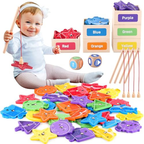GAGAKU Angelspiel Holz ab 1 Jahr Fische Angeln für Kleinkinder 48-teiliges Magnet Spiele für Kinder - 6 Formen und Farbsortierung Kinderspielzeug Geburtstagsgeschenke für Jungen und Mädchen