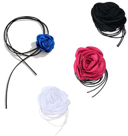 YLUFAC 4 Stücke Dauerhaft Halsband Damen, Licht Blumen Kette, Komfortabel Rose Choker Blume Halskette, Ist die Beste Wahl für Abschlussfeier, Weihnachten und Den Alltag(Schwarz,Weiß,Rose,Blau)