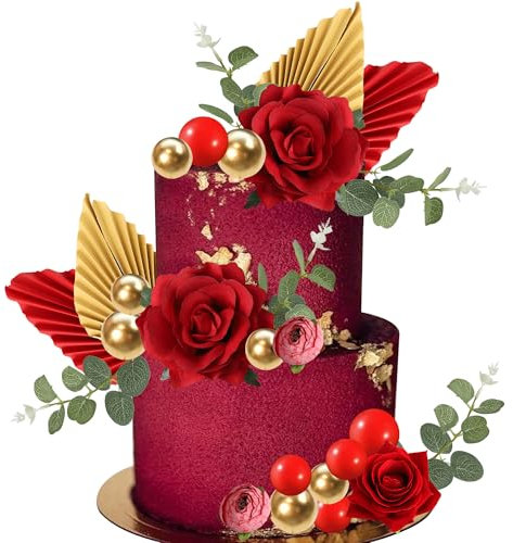 SYKYCTCY 25 Pack Red Rose Flower Cake Toppers Decorations Ball Cake Picks Paper Palm Fan Leaves Cake Decoration for Baby Shower Kids Women Girls Birthday Wedding Party