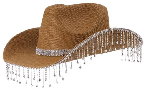 GAOSHA Hut mit Fransen und Strasssteinen für Damen und Herren, modisch, breite Krempe, Strandhut, Musikfestival, Strohhut, Junggesellinnenabschied