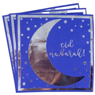 Peacock Supplies Eid Mubarak Napkins - 20 Pack | Elegant Blue & Silver Design | 33 cm x 33 cm | Elevate Your Table Decor | Disposable, Single Use Serviettes | Durable 2-Ply | Party Must-Have