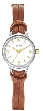 BUREI Mini Uhr Damen Analog Quarz Demenuhr Elegante Armbanduhr Damen mit Lederarmband fur Frauen(Silber Braun)