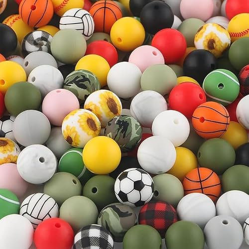 56pcs Sports Silicone Beads Set - 15mm Basketball, Baseball, Sunflower Printed Beads for Keychains Making,DIY Pens,Necklaces and Bracelets Crafting