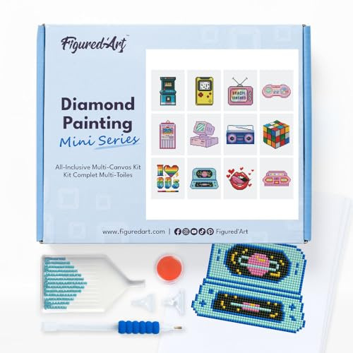 Figured'Art Mini Serie Diamond Painting Erwachsene - Retro-Gaming und Popkultur - Premium-Box mit 12 Stück 15x18 cm 5D Bilder, Eckige Steine - DIY Set zum Basteln