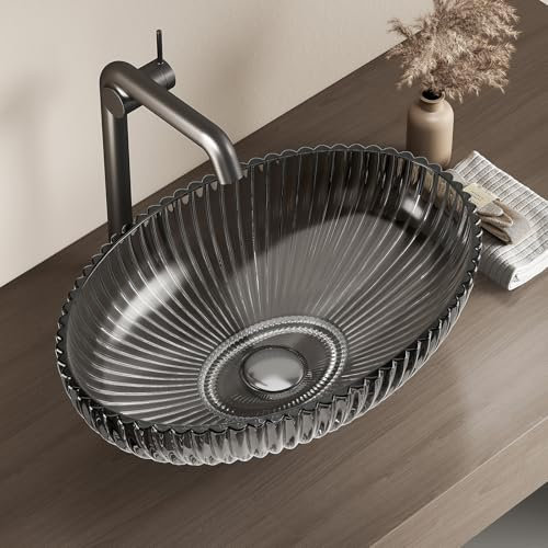 EMKE Lavabo Sobreponer en Vidrio Cristal, Ovalado Negro, 51 x 35 x 15 cm, Lavabo para Baño y WC de Invitados, Sin Orificio para Grifo