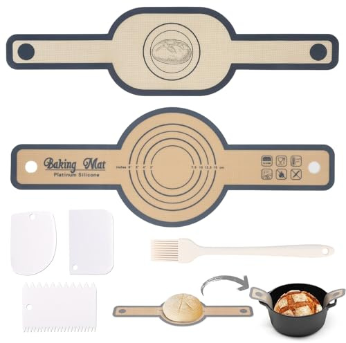 Graplan Silikon Backmatte für Dutch Oven 2 Stück Wiederverwendbare Silikon Backmatte Brot mit Langen Griffen, Antihaft & Leicht zu Reinigen, Brot Backen Zubehör mit Teigschaber & Backpinsel