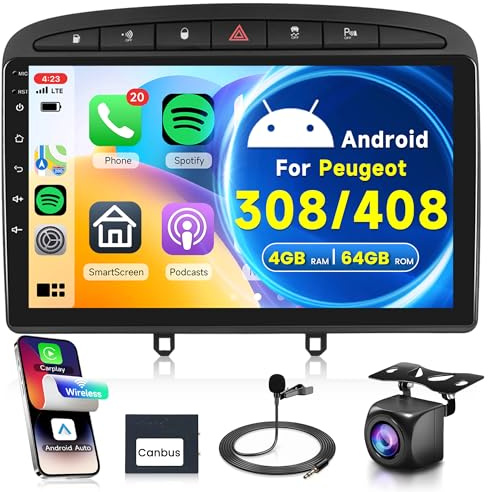 4G+64G sans Fil Carplay Android 13 Autoradio 2 Din pour Peugeot 308/408 2007-2013 9 Pouces Autoradio avec sans FLI Android Auto GPS Navi WiFi Mirror Link Bluetooth FM/RDS Radio EQ SWC Caméra de Recul