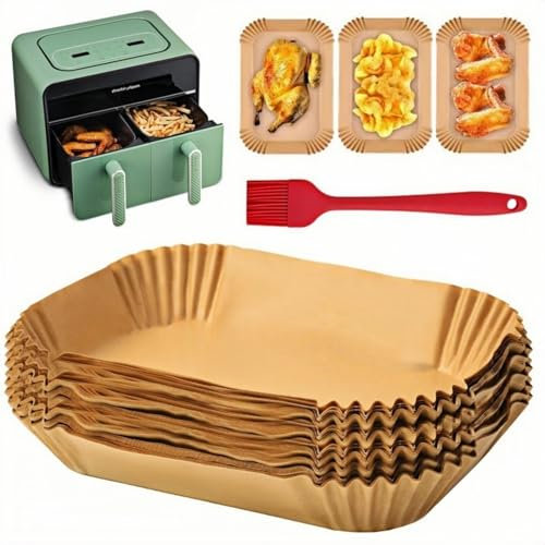 Airfryer Backpapier Eckig,Backpapier Heißluftfritteuse,Airfryer Zubehör 100PC 22x14cm Pergamentpapier Liner mit Backpinsel Antihaft Wasserdicht Ölfest für Heißluftfritteuse Ofen Mikrowelle
