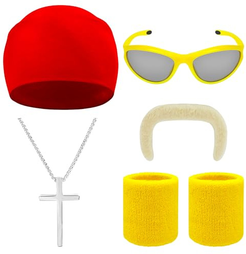 Ueyben Wrestler Kostüm Zubehör, Hulk Hogan Kostüm Falschem Bart und Schnurrbart mit Rotes Bandana Armbänder Sonnenbrille und Kreuzkette für Erwachsene Halloween Karneval Fasching Cosplay