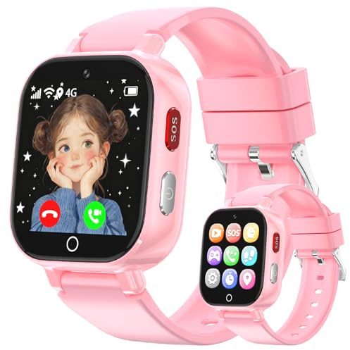 4G Smartwatch Kinder GPS, Kinderuhr mit 4G Videoanruf Voice Chat Schulmodus WiFi SOS Spiele Wecker Stoppuhr Schrittzähler Taschenrechner, Telefon Uhr für Mädchen Jungen 4-12 Jahren Geschenk, Rose