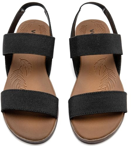 Veittes Women's Double Bands Elastic Strap Slide Flat Sandals,Black 7