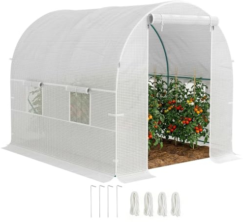 Outsunny Serra da Giardino a Tunnel 2.5x2x2 m con Porte e Finestre Bianco | Finestre, Serra per Orto, 2 Rinforzi Diagonali, Struttura in Metallo e Copertura PE, per Orto Verdure Fiori