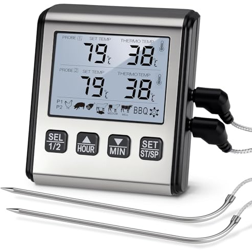 Termómetro digital para carne con doble sonda, termómetro digital para barbacoa con dos sondas de acero inoxidable, pantalla LCD y alarma, rango de temperatura hasta 300 °C