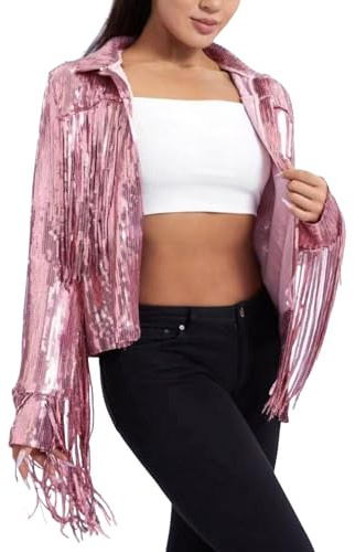 2026 Pailletten Damen Jacke mit Fransen Glitzer Cardigan Langarm 70er Blazer Offene Vorderseite Party Jacken Jahre Disco Outfit für Karneval Fasching Festival Clubwear