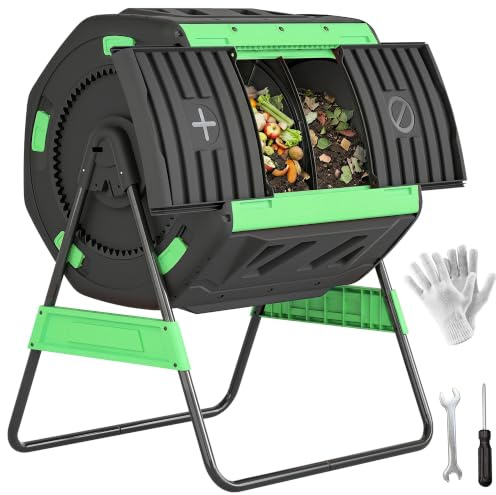 Outsunny Compostiera da Giardino Rotante 200L a Doppia Camera Girevole 360° | Prese d'Aria, Guanti, in PP Senza BPA, Compostaggio Rifiuti Organici di Cucina, Giardinaggio, Cortile Esterno