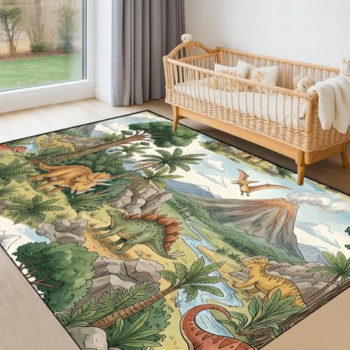 SMXVRC Kinder Dinosaurier Teppich, 100x150cm, Dschungel Vulkan Dino Bildung Boden Teppich für Spielzimmer, Weich Kurzflor Haustier Freundlich Gedruckt Teppiche für Jungs Zimmer