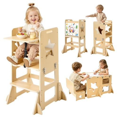 VEVOR Torre de Aprendizaje Montessori de Madera para Niños, 6 en 1 | Convertible en mesa y sillas, taburete de cocina con correa de seguridad y pizarra, para comer, jugar y dibujar