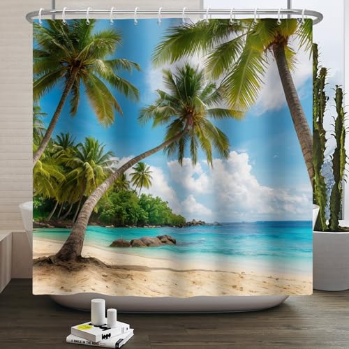 Bovlleetd 100x170cm Rideau de Douche Motif côtier, Palmiers et Paysage Marin Turquoise Style hawaïen Estival pour décoration de Salle de Bains