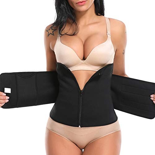 Caidi - Cintura per sudorazione da donna, con cerniera, corsetto scolpito regolabile, cintura dimagrante, previene la ferita e allevia il dolore per lo sport, guaina dimagrante ventre piatta S Nero