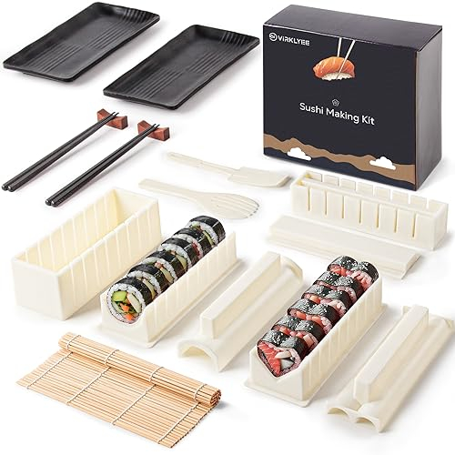 Virklyee Sushi Maker Set 17 PCS DIY Sushi Set Sushi Making Tools Principianti Facile 8 Stampi, Forchetta e Spatola,Bacchette, piatti, Un set sushi adatto agli amanti del sushi (Bianco)