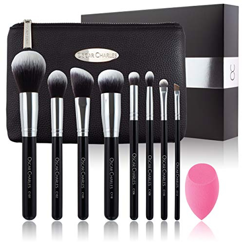 Oscar Charles 8-Piece Professional Makeup Brush Set with Beauty Sponge and Luxury Clutch Cosmetic Bag and Beautiful Gift Box - Silver