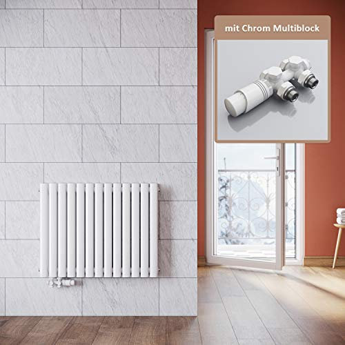 ELEGANT Radiador moderno blanco 600 x 767 mm con termostato multibloque blanco, radiador horizontal de doble capa, conexión central