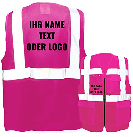 Warnweste mit Reißverschluss und Taschen * Druck auf Rücken + Front/Standard-Druck * Farbe & Größe: Pink/Größe XXL * Aufdruck selbst gestalten * Bedruckt mit Design Foto Text Logo