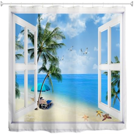 goodbath Tenda da doccia 3D con vista sull'oceano e sul mare, cielo, palme, gabbiani, finestra, anti muffa, per bagno, 180 x 180 cm
