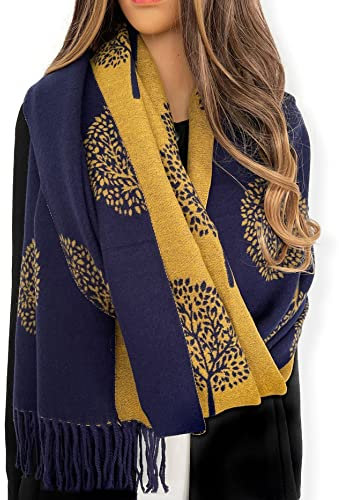 The Accessory Co. Cashmere Tree of Life Scarf - Reversible Pashmina Shawl, Winter scarf for women, Large Wrap, Warm and Soft Scarf, Tree of Life Print, Long Ladies Wraps, Perfect Womens scarf Gift