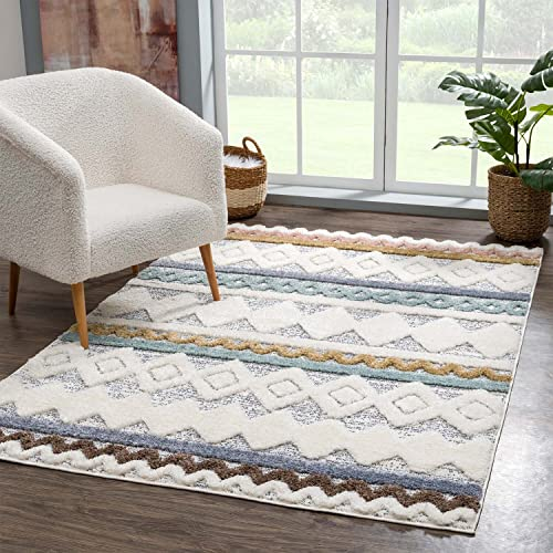 Teppich Hochflor Wohnzimmer - 160x230 cm - Boho-Stil Ethno Creme Multi - Cut-Loop, Hochtief, 3D-Effekt - Shaggy Teppiche Flauschig-Weich Schlafzimmer Langflor