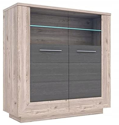 Meubletmoi SHERA Schrank / Vitrinenschrank aus Holz hell und grau mit Glasverglasung aus gehärtetem Glas und Metallgriffen in Aluminium - modern und natürlich
