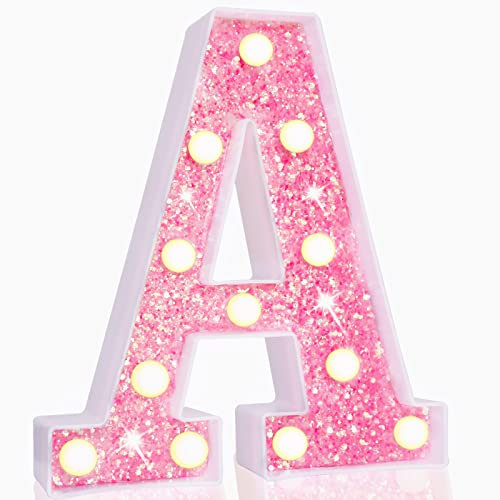 Pooqla LED Marquee Letter Lights, Pink Glitter Alphabet Sign, Battery Powered Night Light, Wedding & Party Decoration, 8.86 x 7.87 Inches