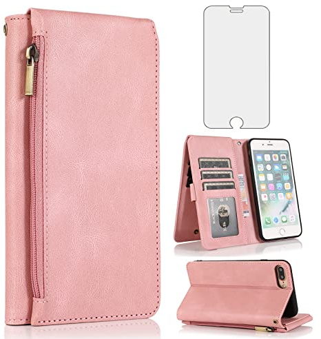 Compatible with iPhone 7plus 8plus 7/8 Plus Wallet Case Tempered Glass Screen Protector Zipper Leather Flip Cover Card Holder Stand Phone for i Phone7s 7s + 7+ 8s 8+ Phones8 7p 8p Women Rose Gold